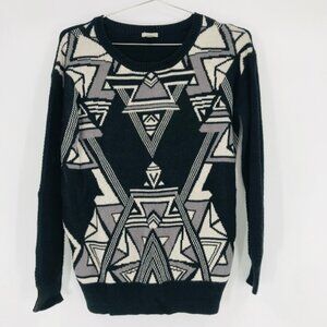 Ecote Geometric Crewneck Knit Sweater Black Ivory Size Small